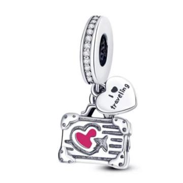 Charm Maleta con corazon rosa y plata