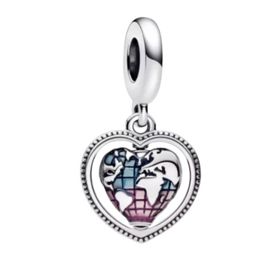 Charm Corazon colgante del mundo rosa y azul