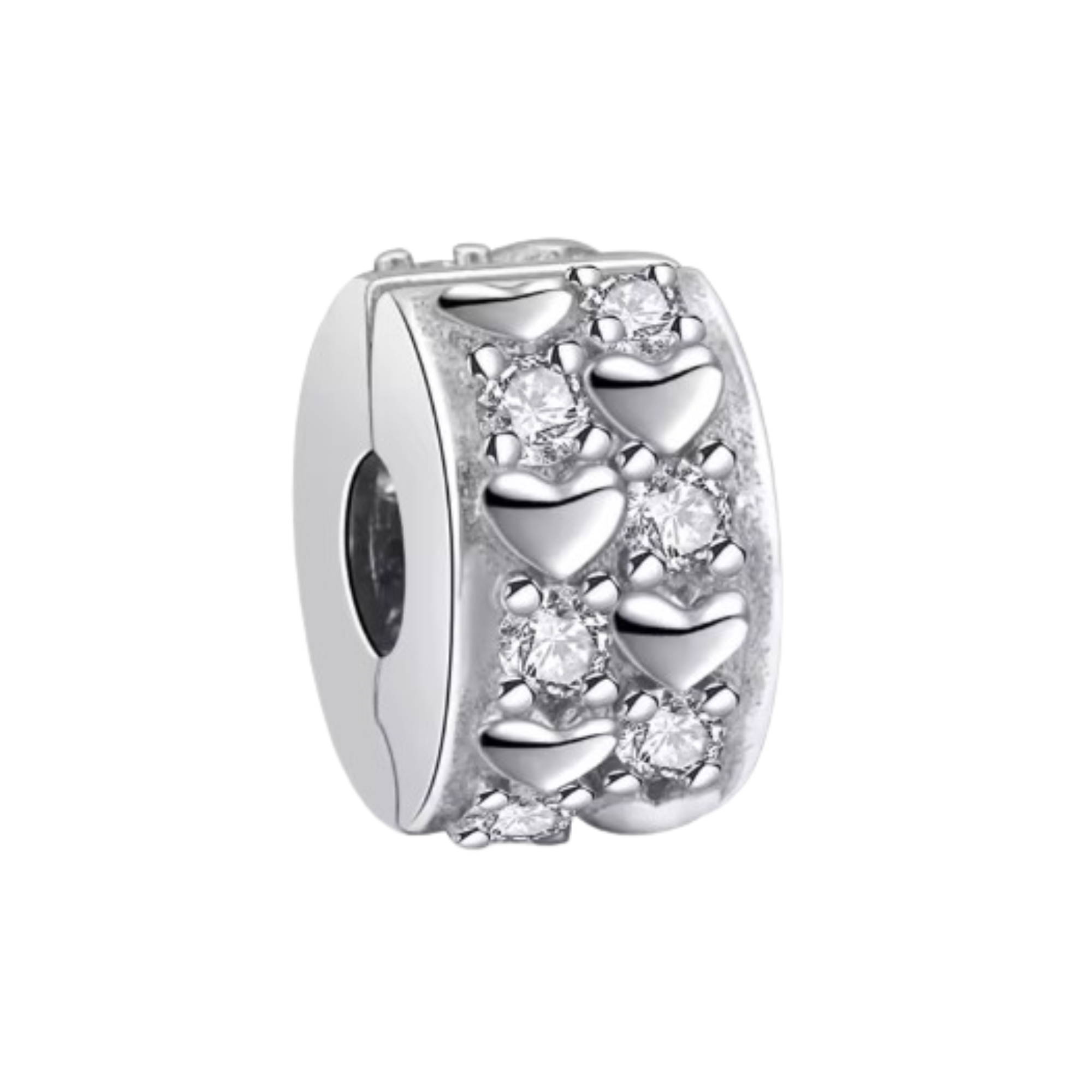 Charm Clips corazones plateados con brillos