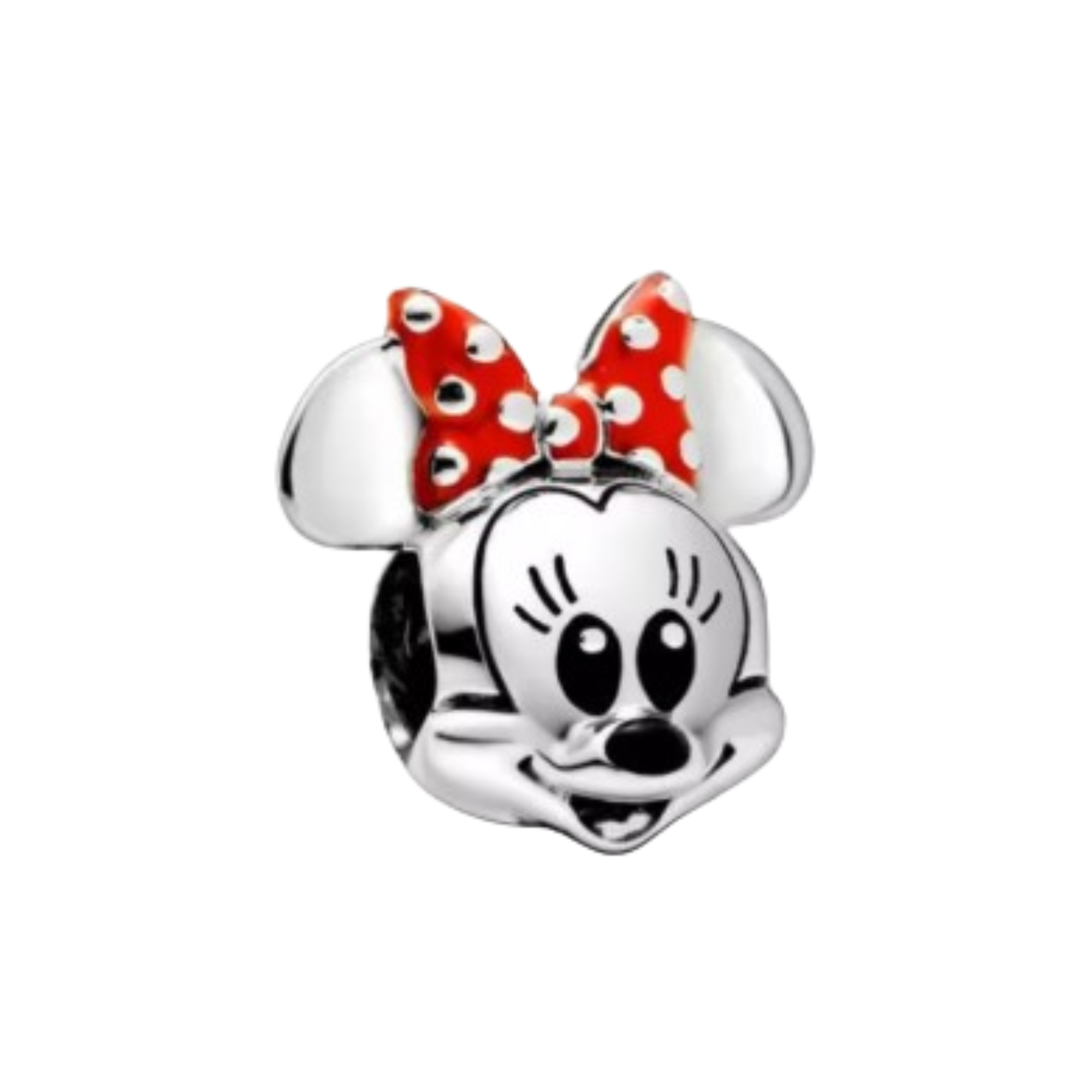 Charm cabeza Minnie plateada moño rojo
