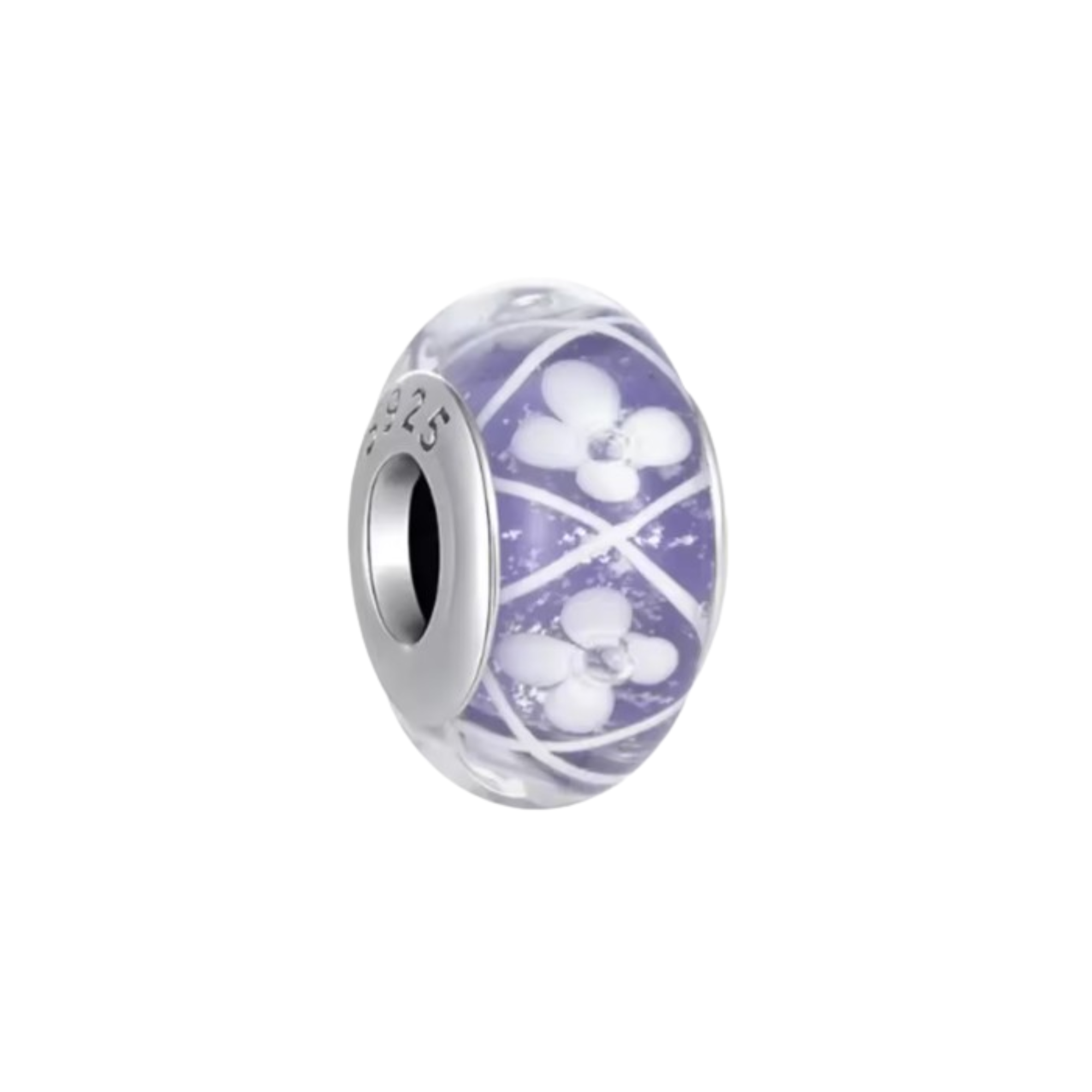 Charm Murano lila con flores blancas