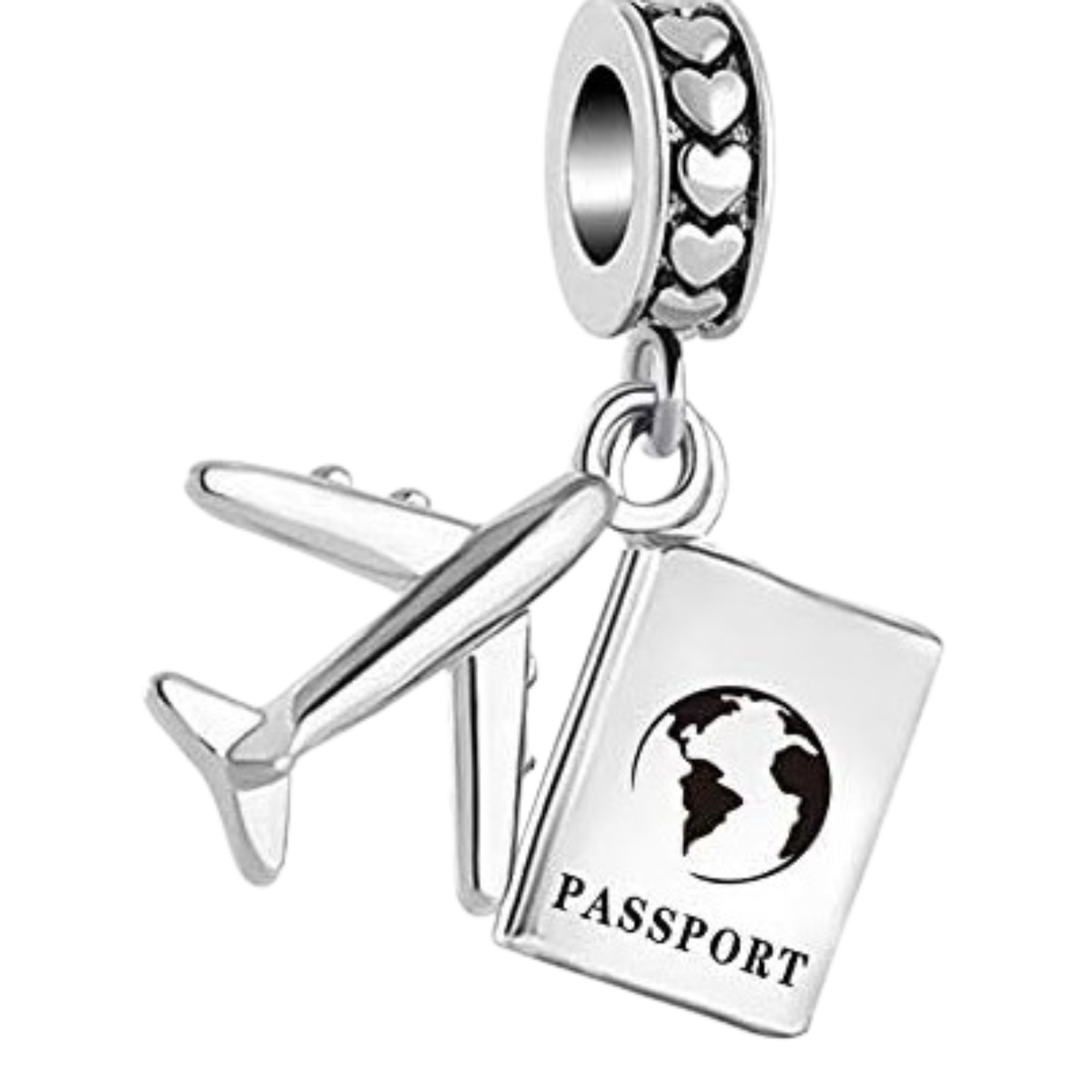 Charm Pasaporte Grabado con el mundo y avion gris