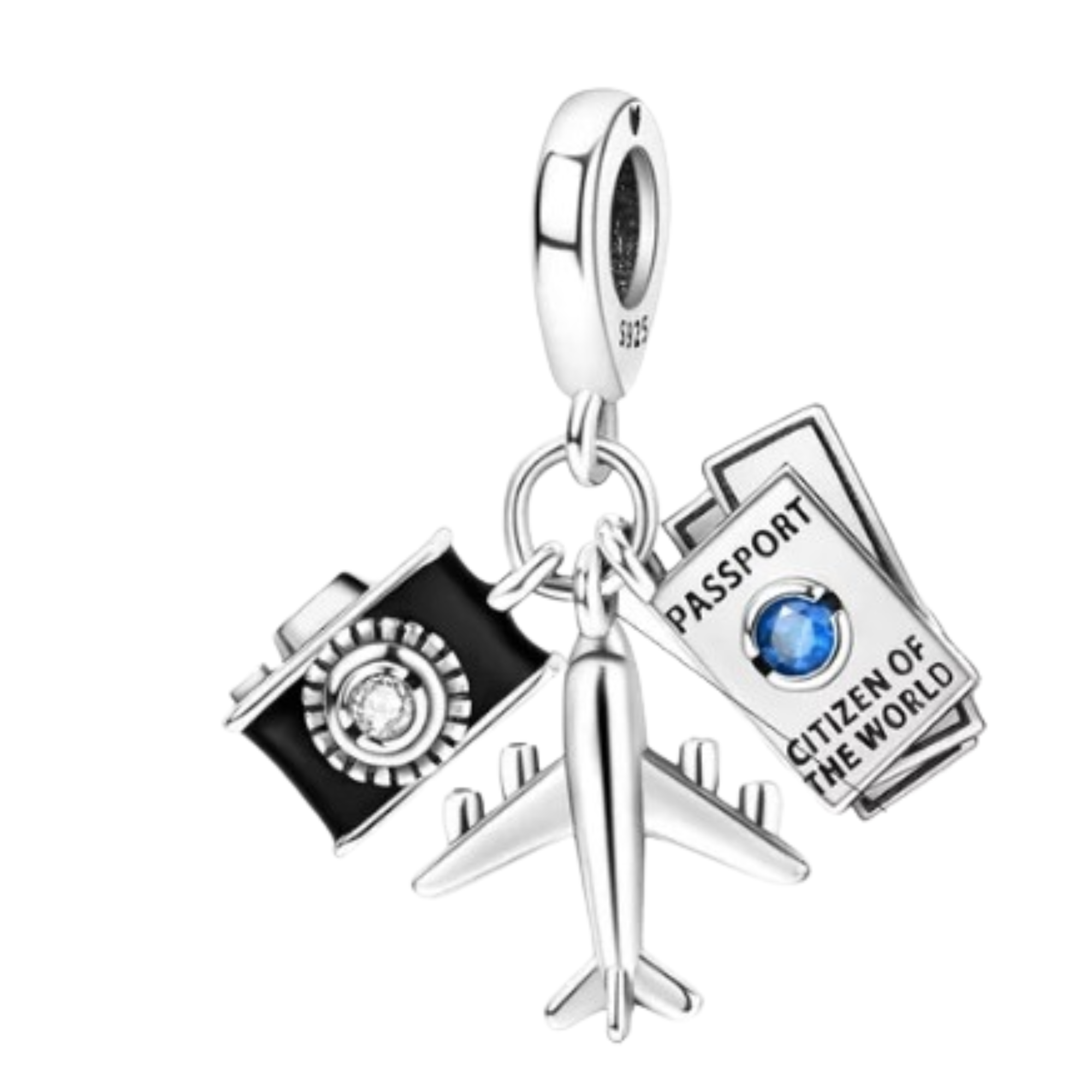 Charm Avion camara negra y pasaporte
