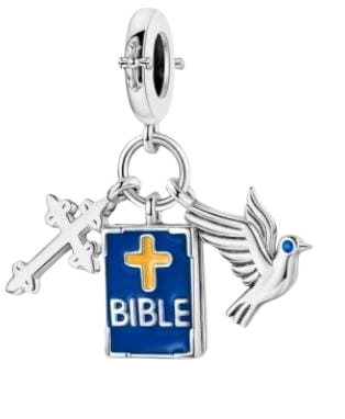 Charm Biblia azul, cruz y paloma